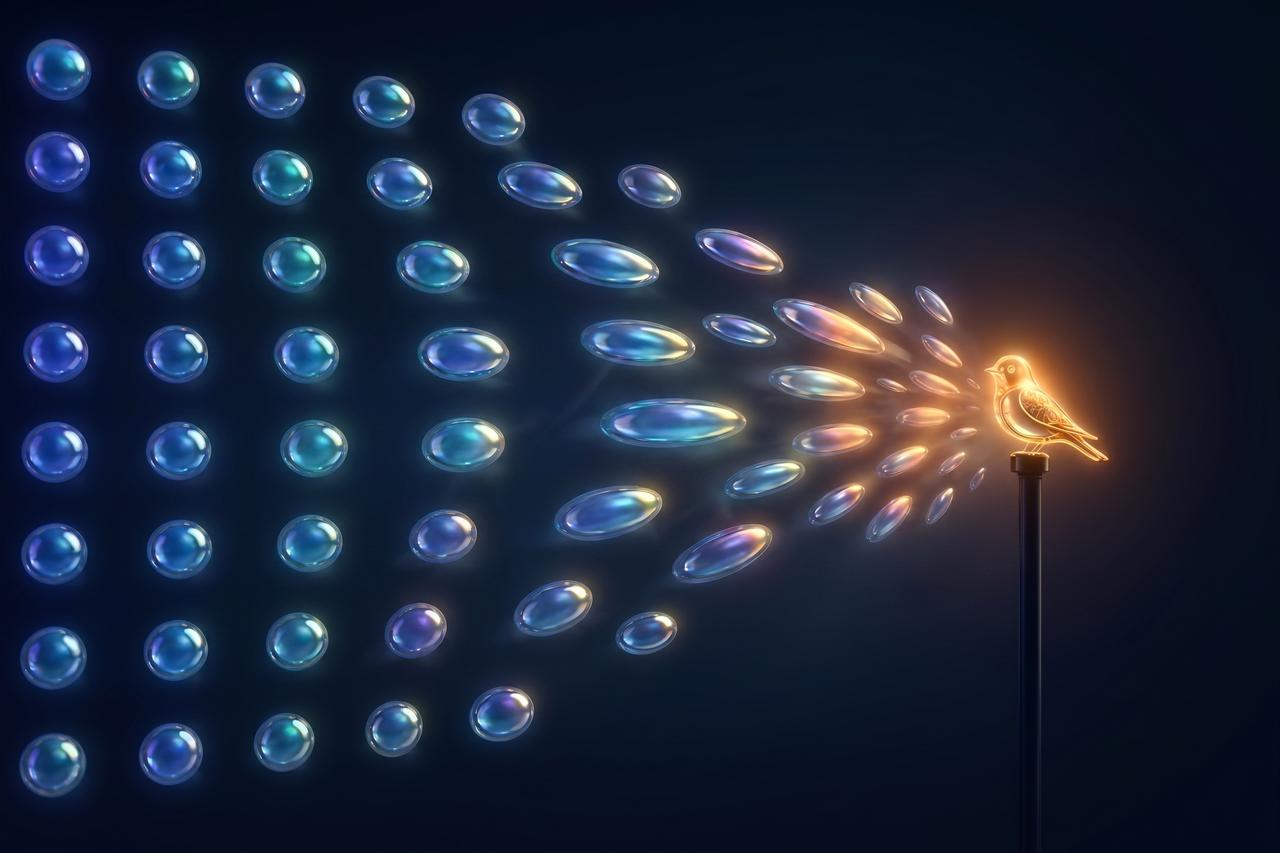 A field of Gaussian blobs steering toward a bird